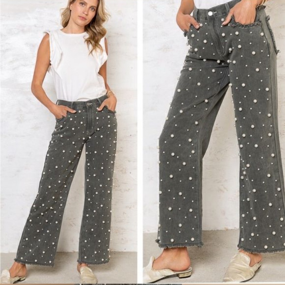 Anthropologie Charcoal Pearl-Embellished Straight-Leg Jeans